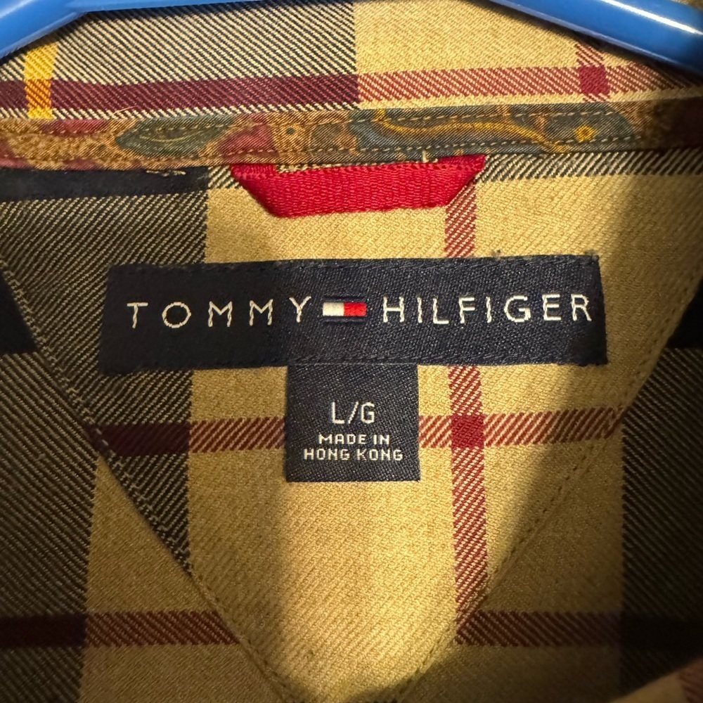 Tommy Hilfiger Plaid Men's Shirt - Navy and Beige Sz L - Picture 3 of 7